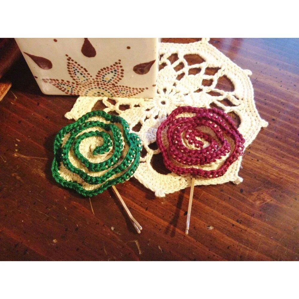 Rose Crochet Flower Pins ~ Set of 2 ~ Green and Purple ~ Ready to ship